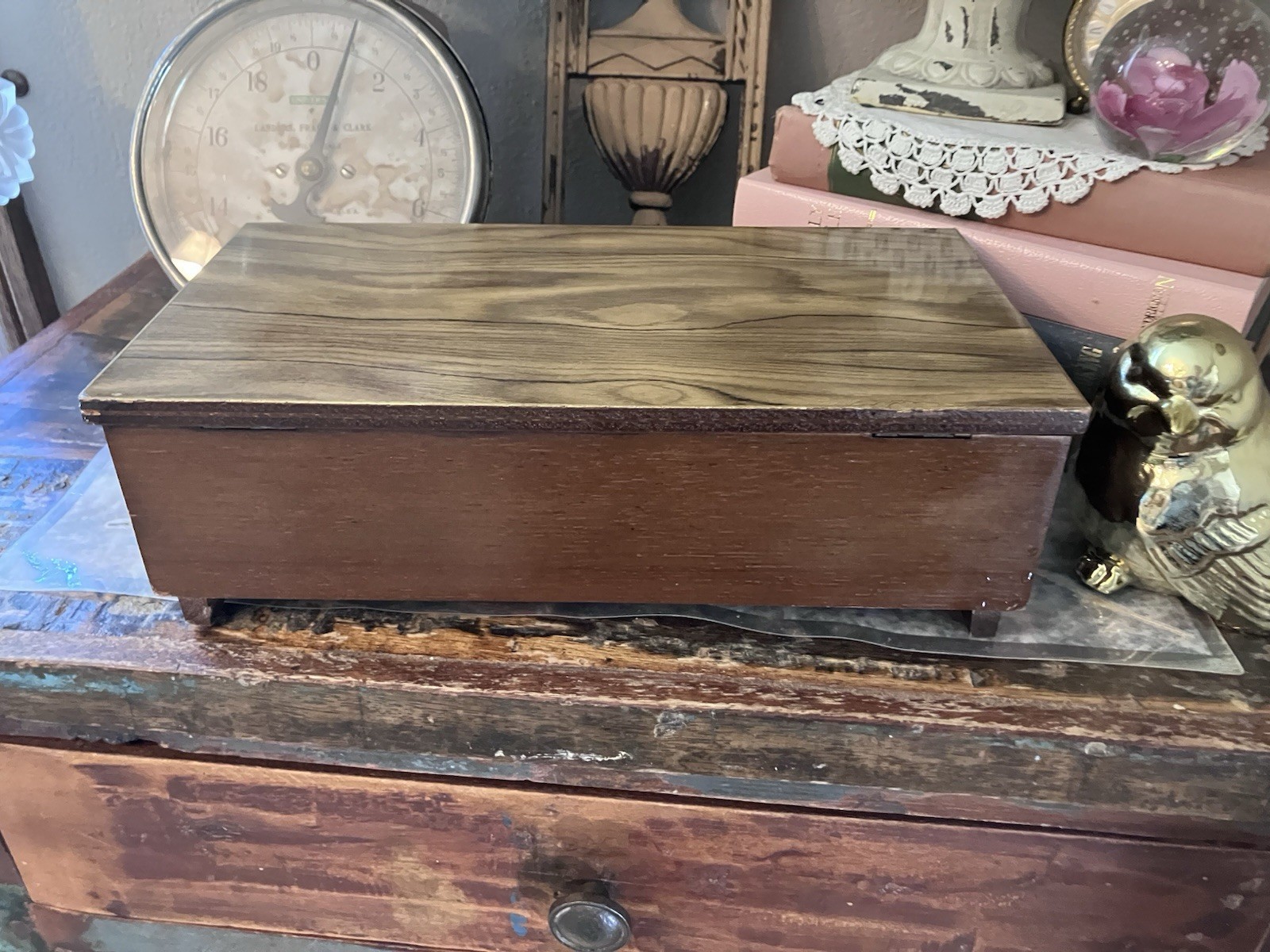 Vintage MCM Mid Century Modern Wood Jewelry Music Box Men’s Lacquer Top 60/70’s