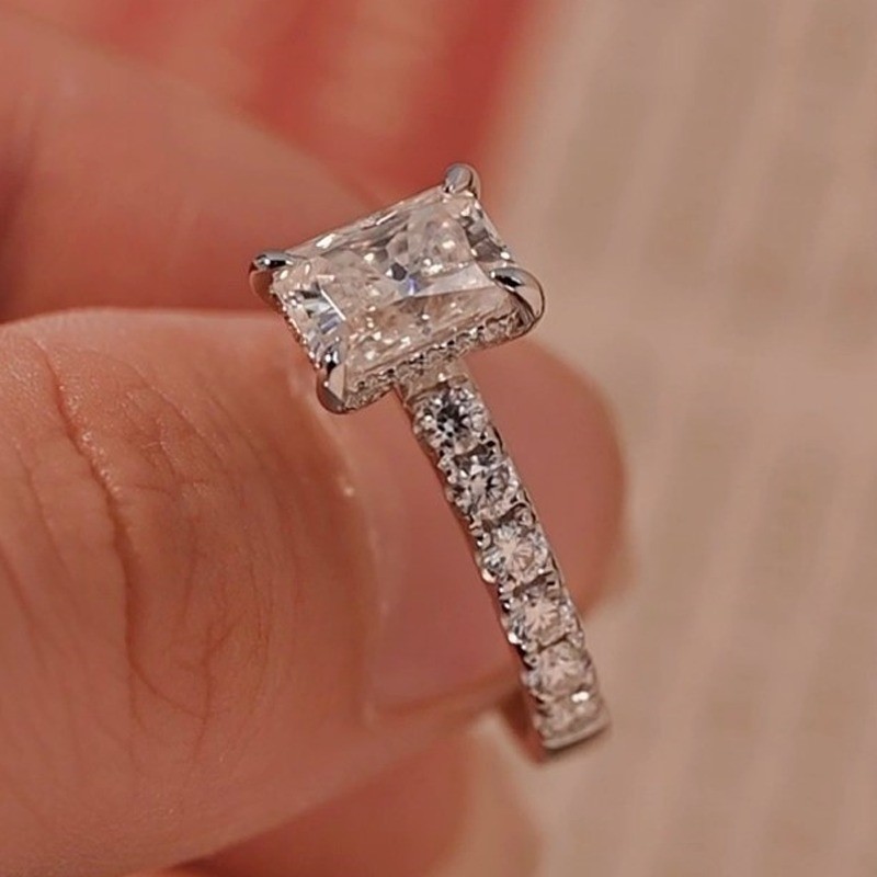 1.95Ctw Radiant Cut Moissanite Hidden Halo Engagement Ring 14K White Gold Plated