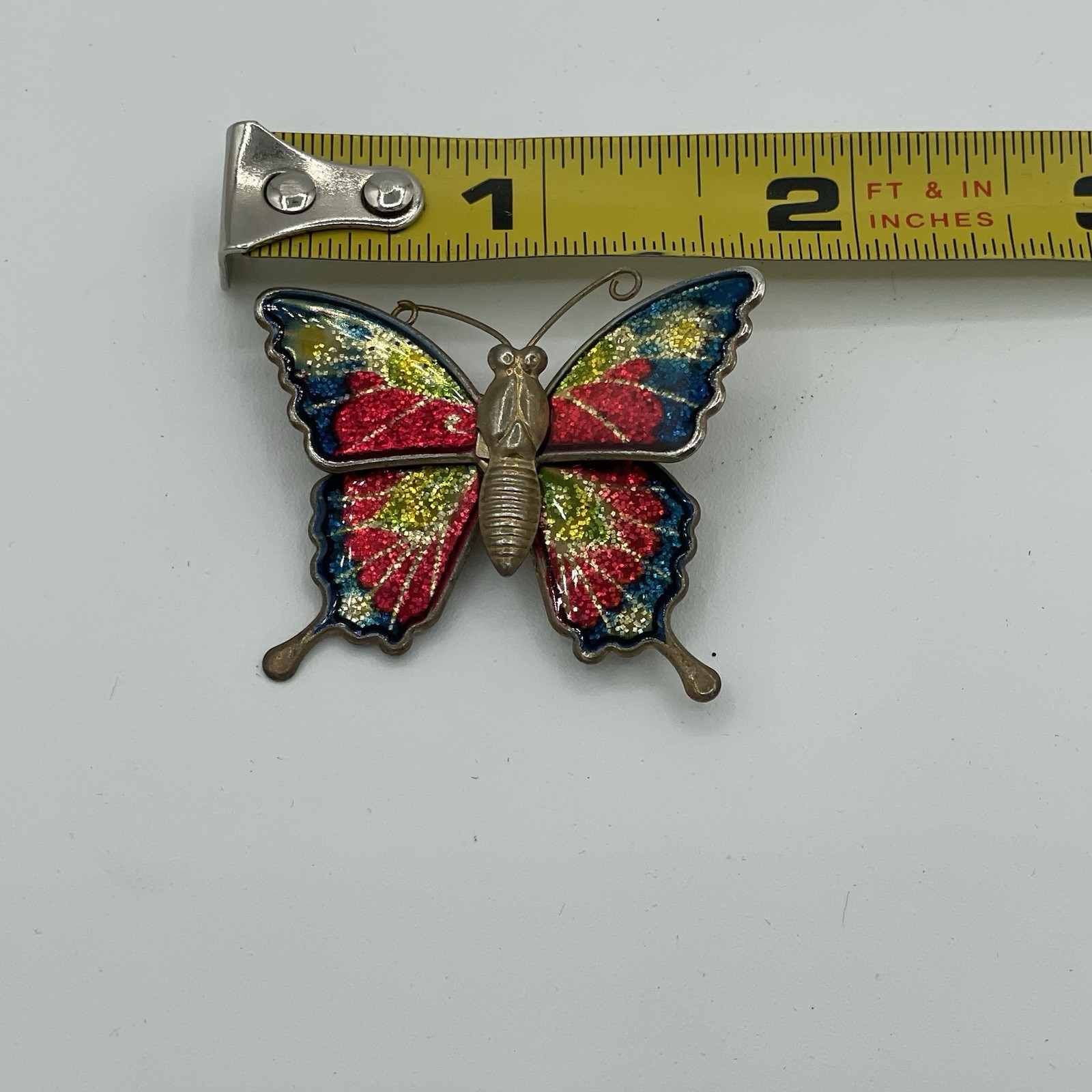VTG Butterfly Brooch Pink Purple Glitter Enamel Gold Tone Pin 1.25×1.25 inch