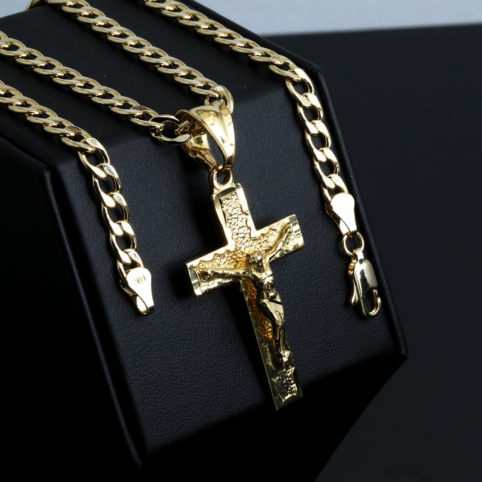 Jesus Nugget Cross 14k Gold Plated Brass 5mm 20″ Cuban Necklace Choker Chain