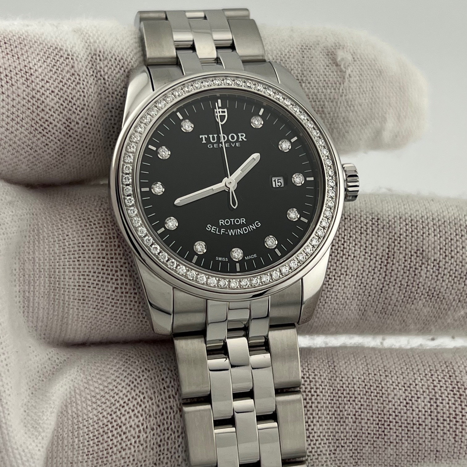Tudor Glamour Date 53020 31mm Factory Diamond Dial Diamond Bezel Box Papers