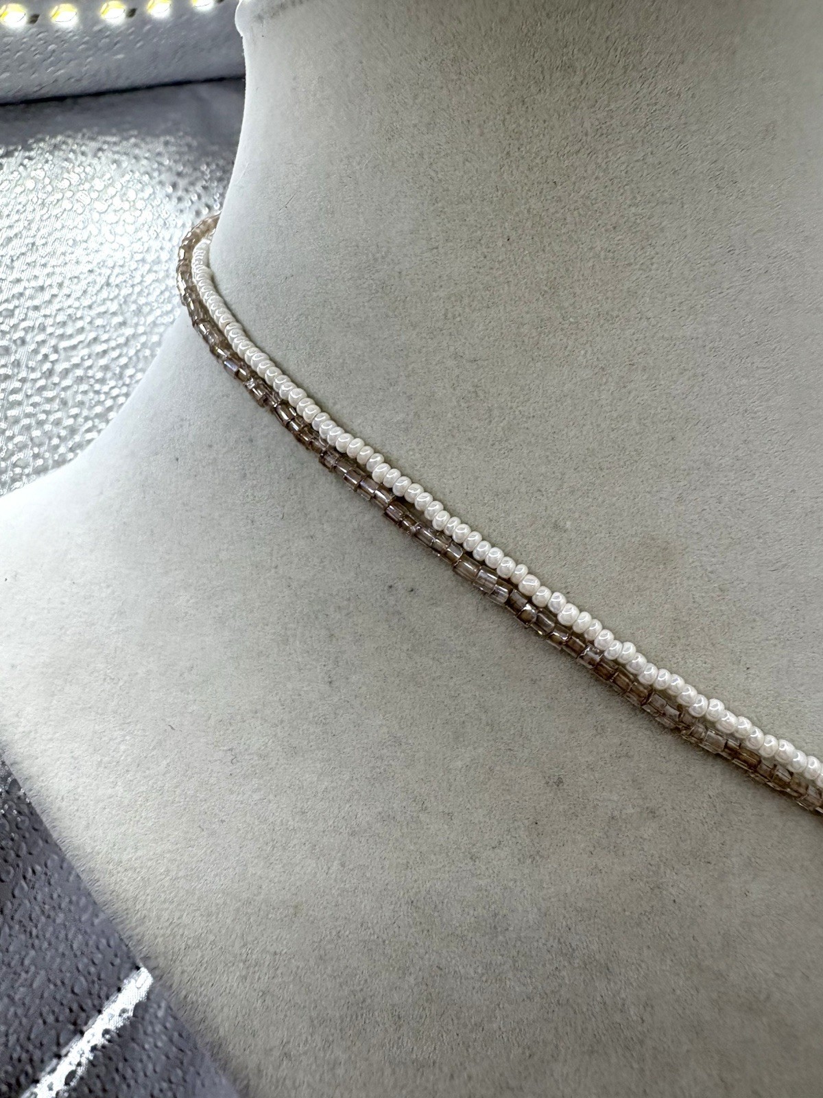 Cream & Champagne Colored Beaded Layered Necklace W/ Oval MOP Pendant Necklace