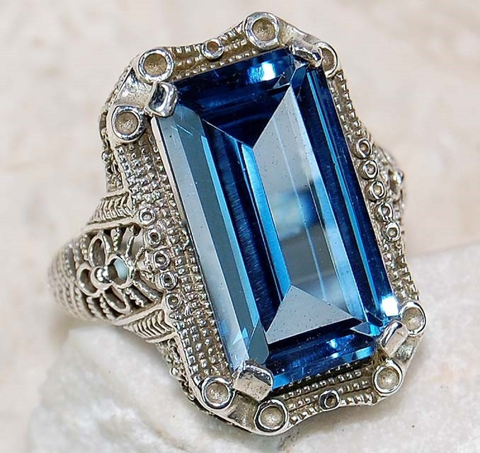 12CT Aquamarine 925 Solid Sterling Silver Art Deco Ring Sz 6,7,8 US6