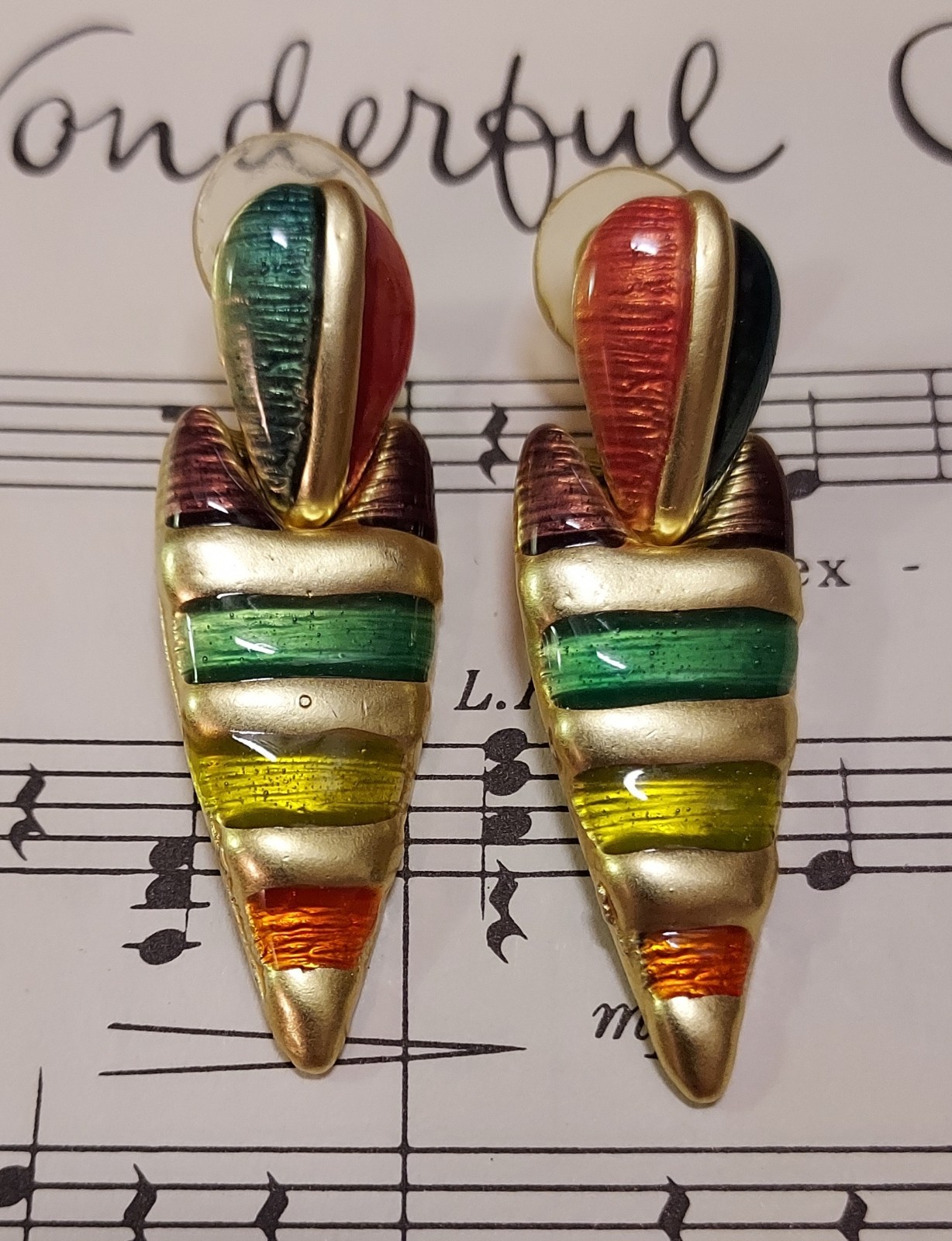 Don Lin Enamel Earrings Vintage Pierced Matte Gold Tone Boho Signed