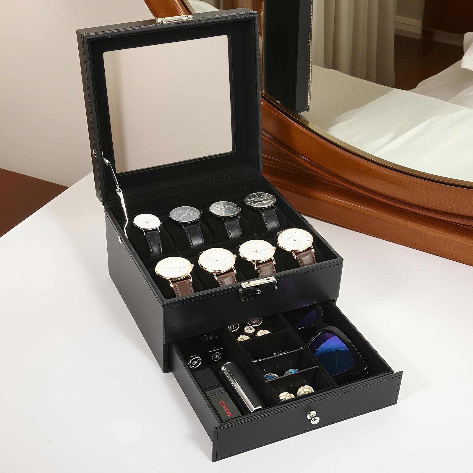 8 Slot PU Leather Watch Box Lockable Glass Top Display Case Jewelry Storage