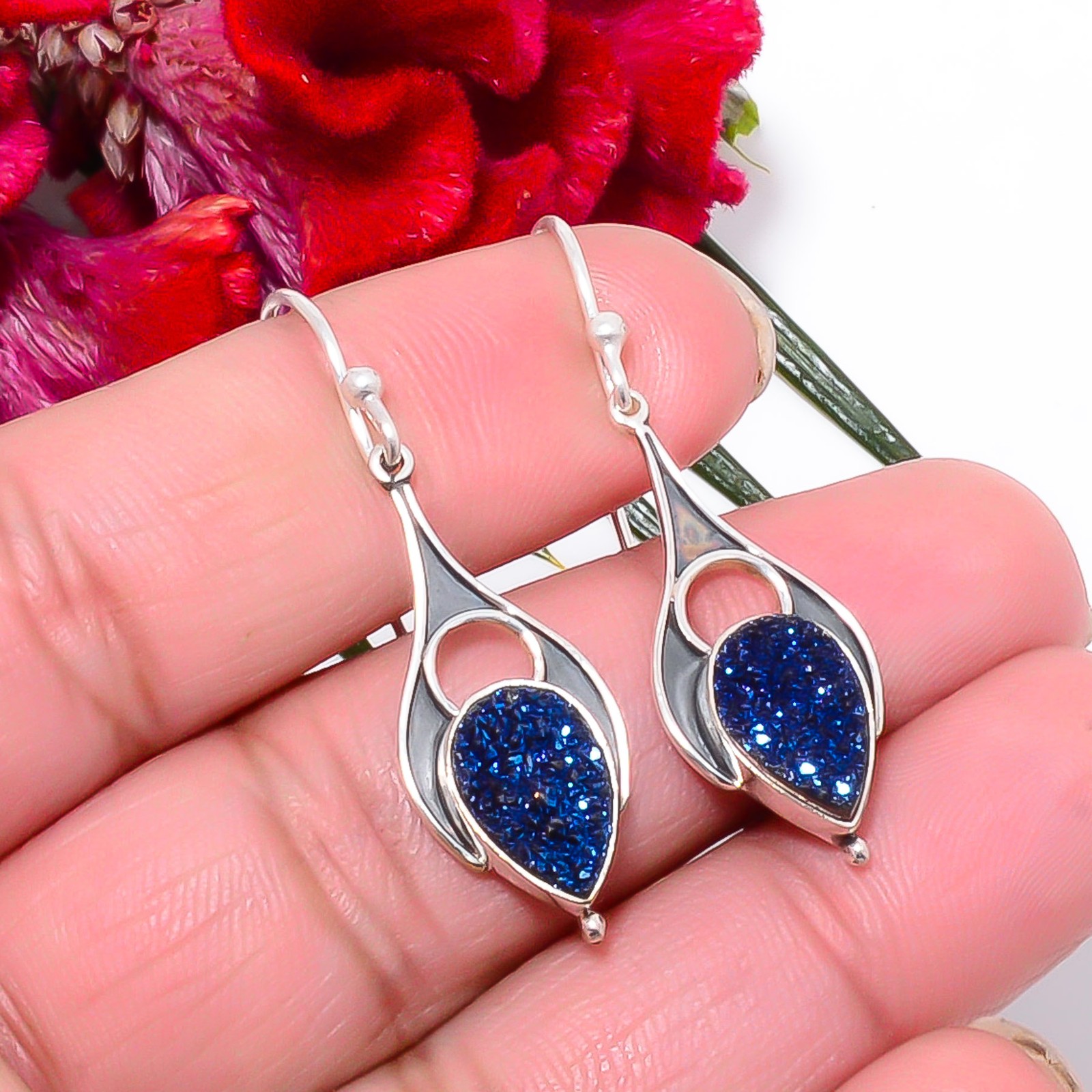 Electric Blue Titanium Agate Drusy 925 Sterling Silver Earring 1.72″ Sku30