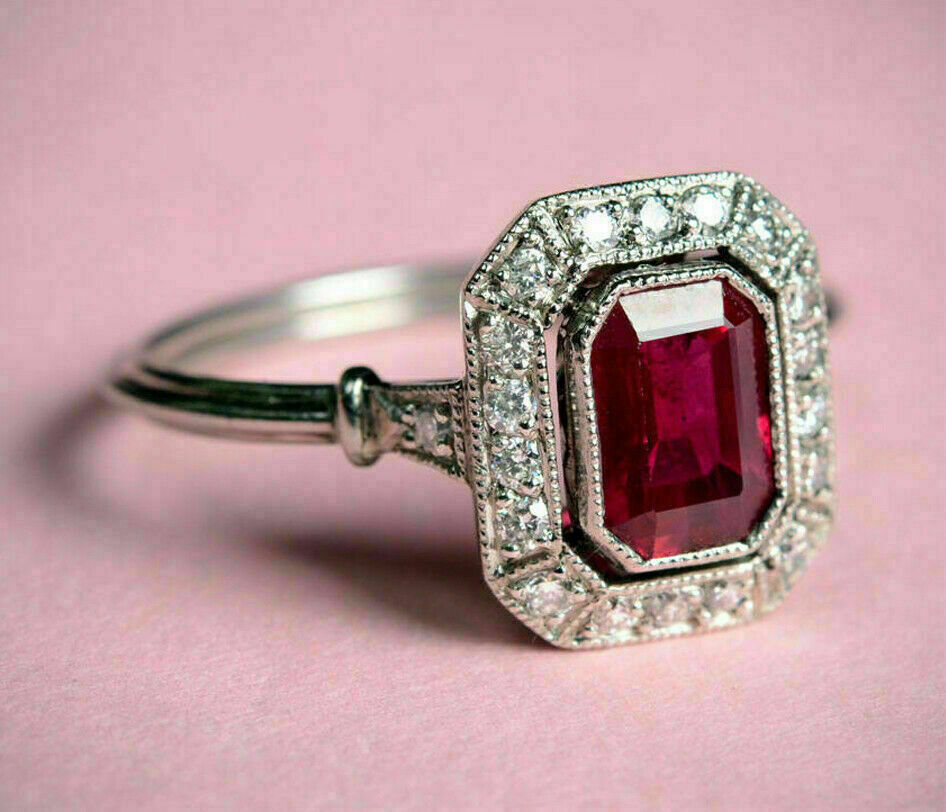 2.15 TCW Emerald Cut Ruby and Simulated Diamond Engagement Ring 14K White Gold