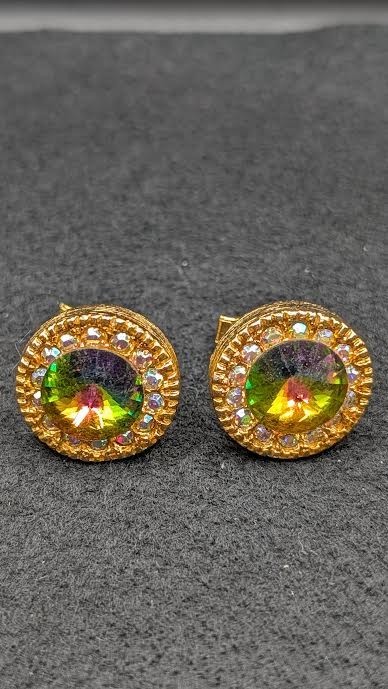 Vintage Gold Tone Watermelon Small Faux Rhinstone Raimbow Cufflinks Set