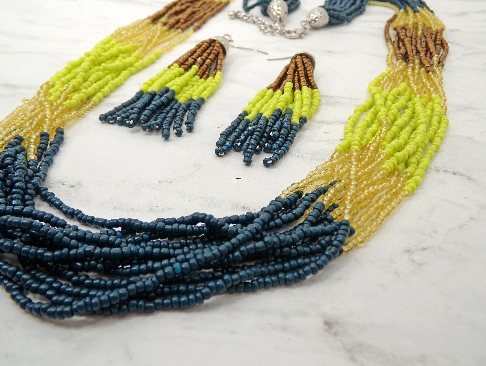 Multi color seed bead necklace and earring set in brown, yellow, blue, beige NEW