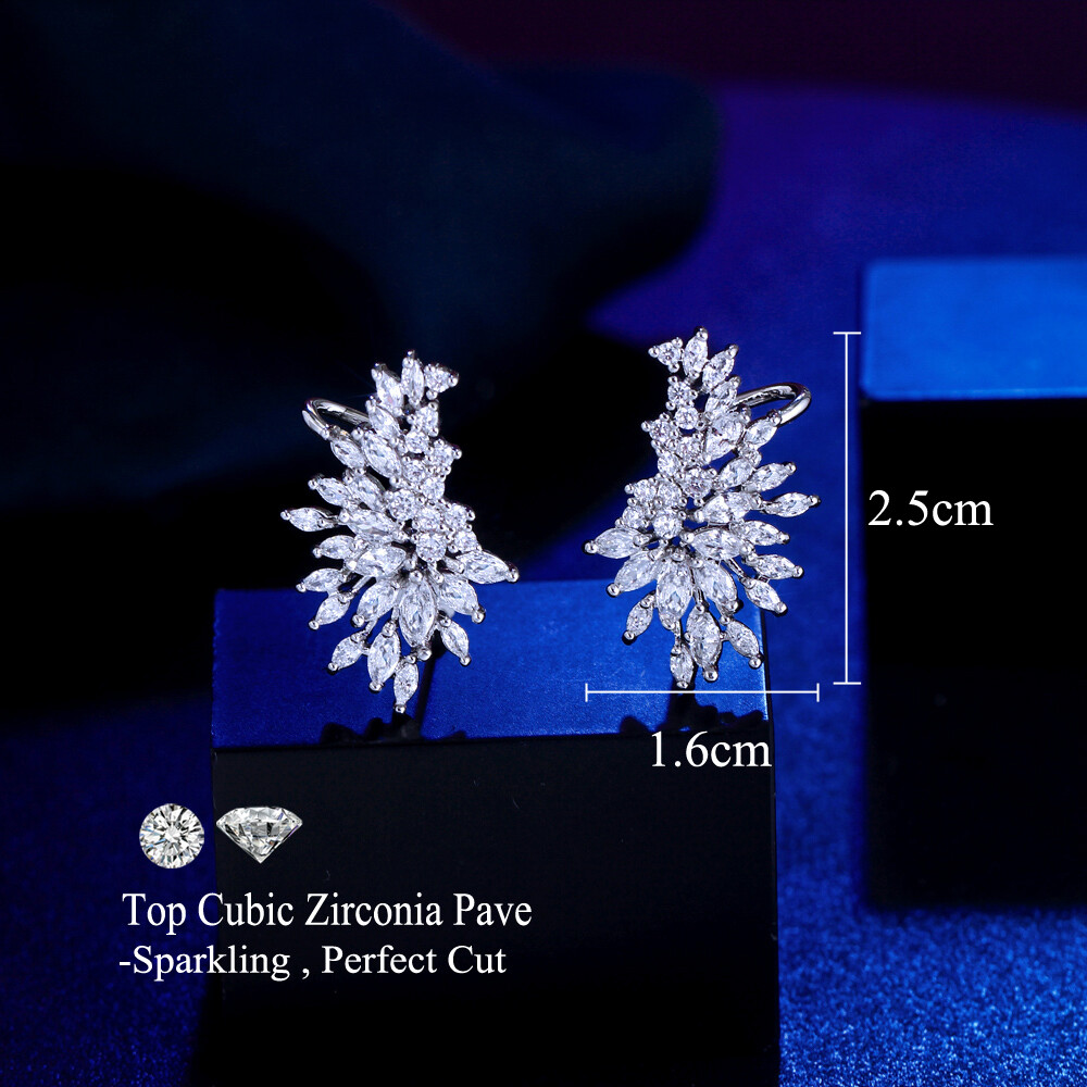 Silver Plated Symmetrical Cubic Zirconia Ear Cuff Climber Wedding Stud Earrings