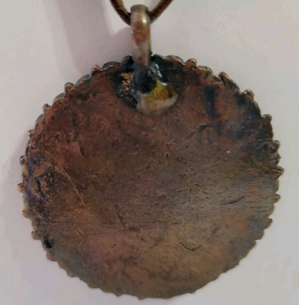 Copper Enamel Round Pendant White Brown Necklace Leather Metal Chain Boho Hippie