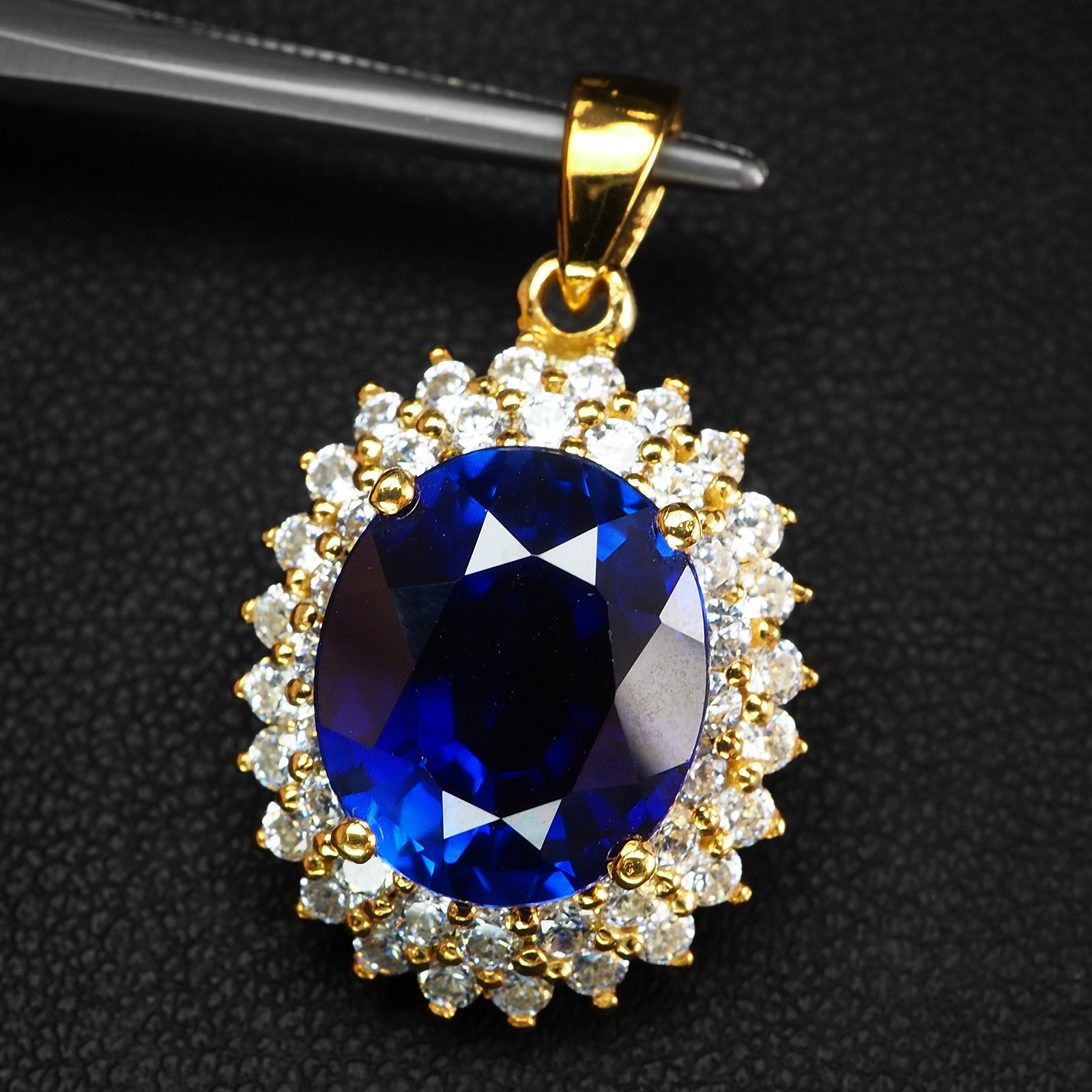 DOUBLE HALO PENDANTS 24K GOLD 925 STERLING SILVER VIVID BLUE SAPPHIRE 9.05CT