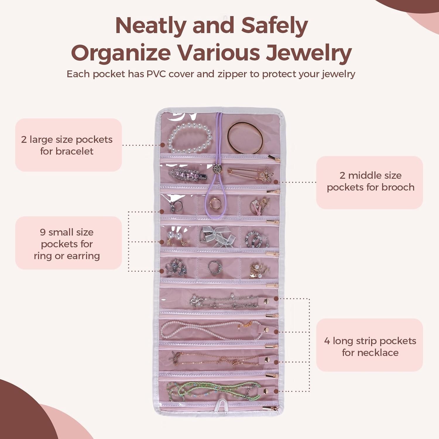 Travel Jewelry Organizer Roll W/ Zippered Pockets Hangable Tangle-Free Portable