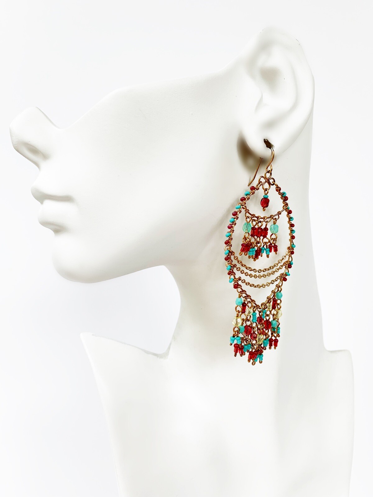 EXTRA LONG INCREDIBLE TURQUOISE PINK GLASS BEAD VINTAGE DANGLE EARRINGS 3.75 in