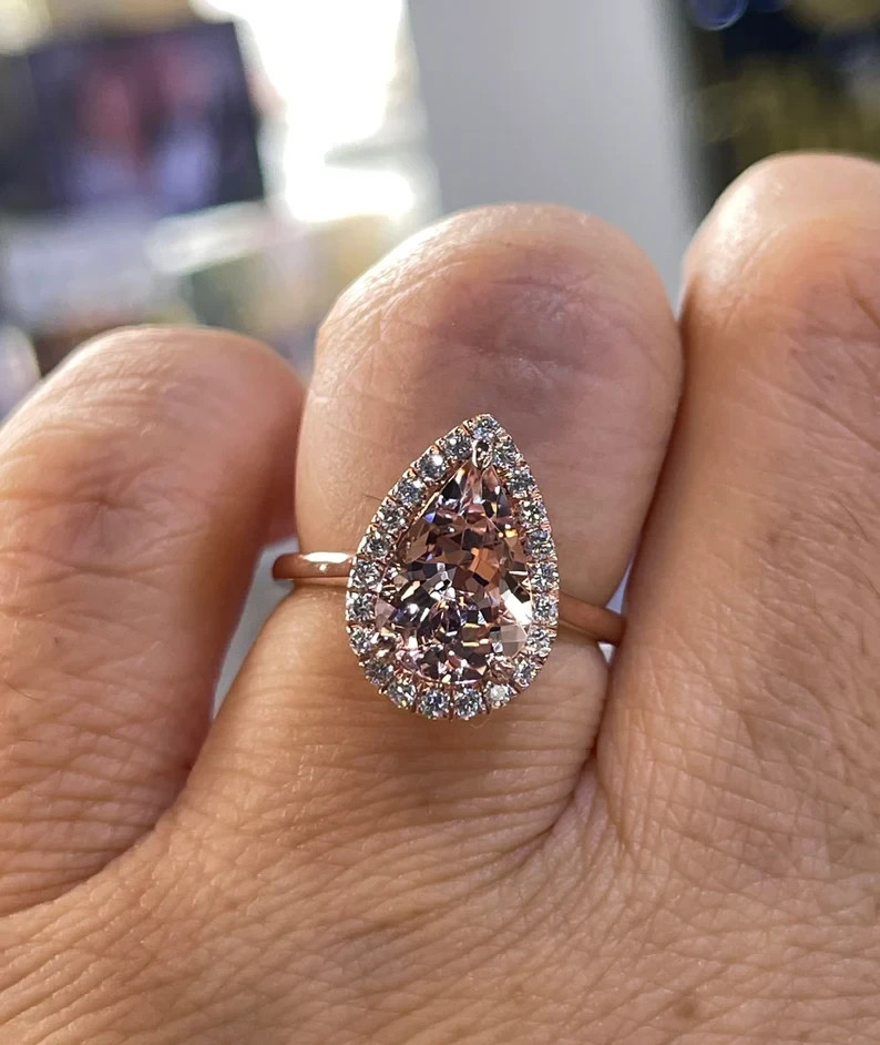 2.60Ctw Pear Cut Lab-Created Morganite Halo Engagement Ring 14K Rose Gold Plated