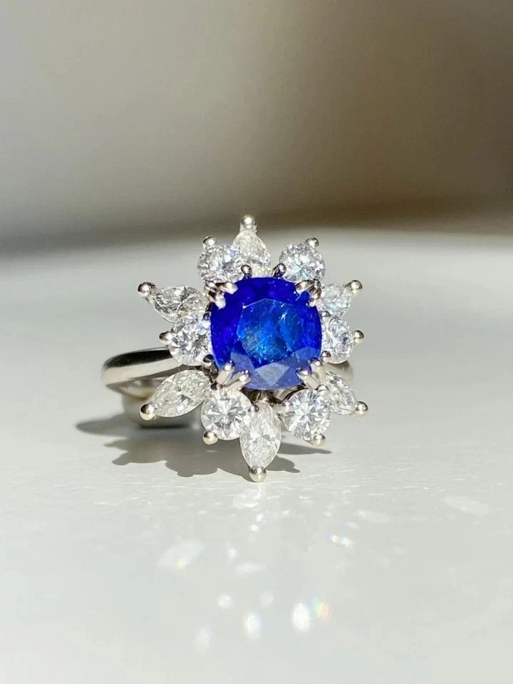Diamond Wedding Ring 14K White Gold 2.70Ct Cushion Natural Blue Sapphire Size6 7