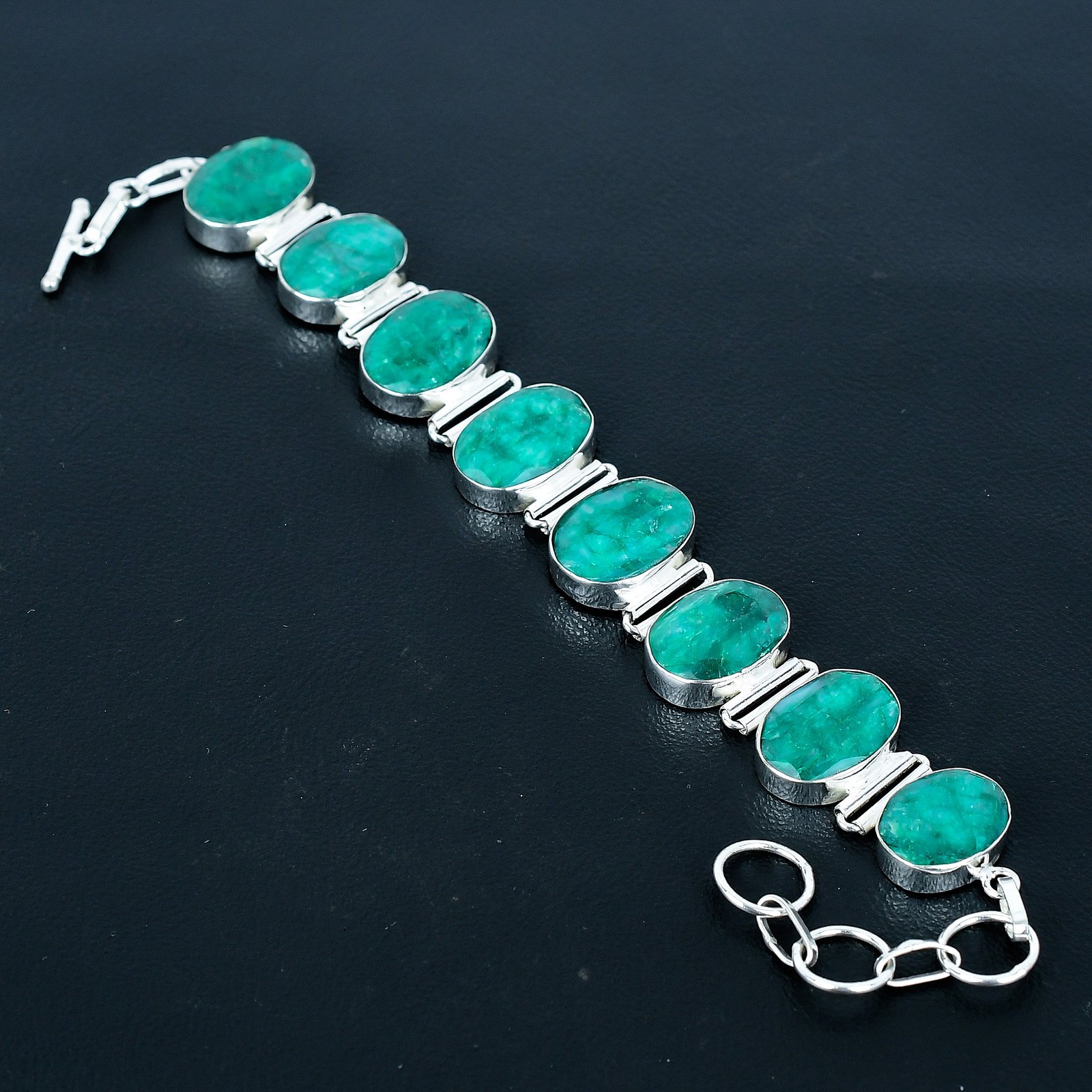 Zambian Emrald Oval Gemstone 925 Sterling Silver Jewelry Bracelet 8″ VJ 1176