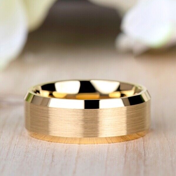 Tungsten Ring Brushed Center High Polished Beveled Edges In Yellow Mens Ring