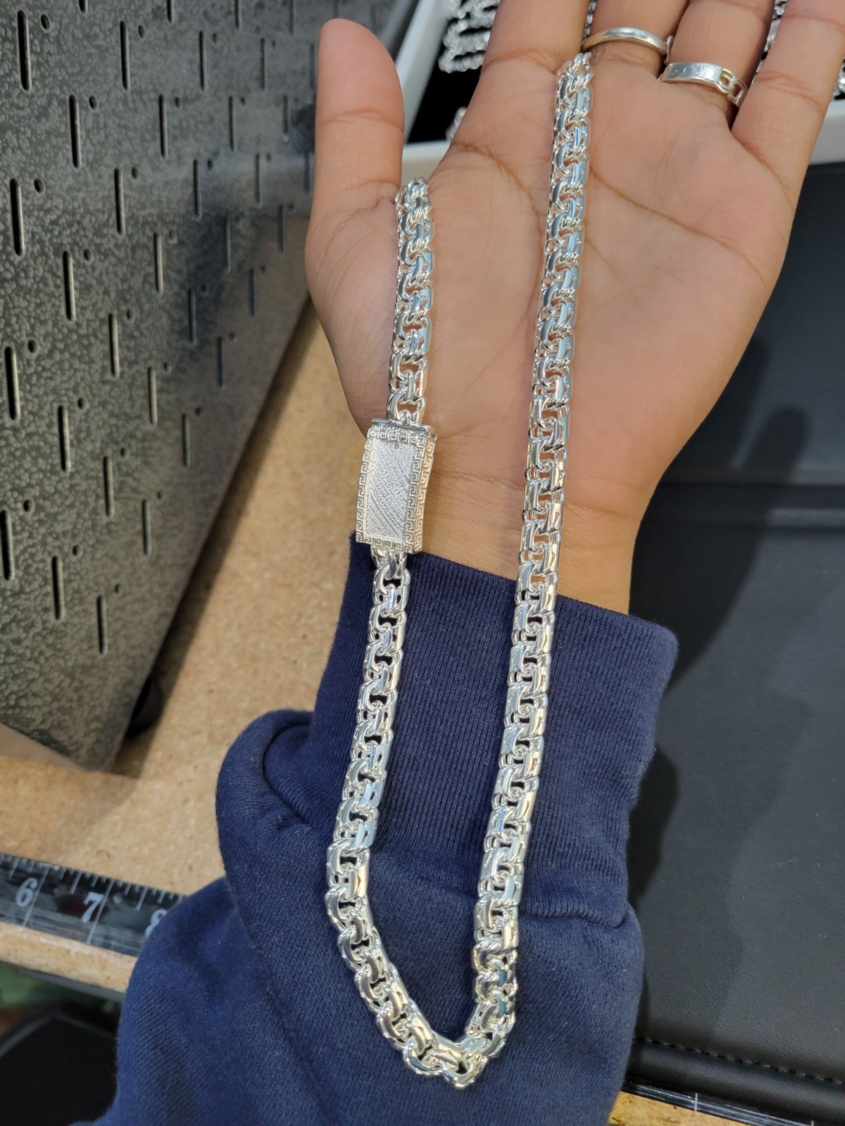 83g 925 sterling silver Chino Link Greek Lock Chain 26″ 9mm Plata Solida Cadena