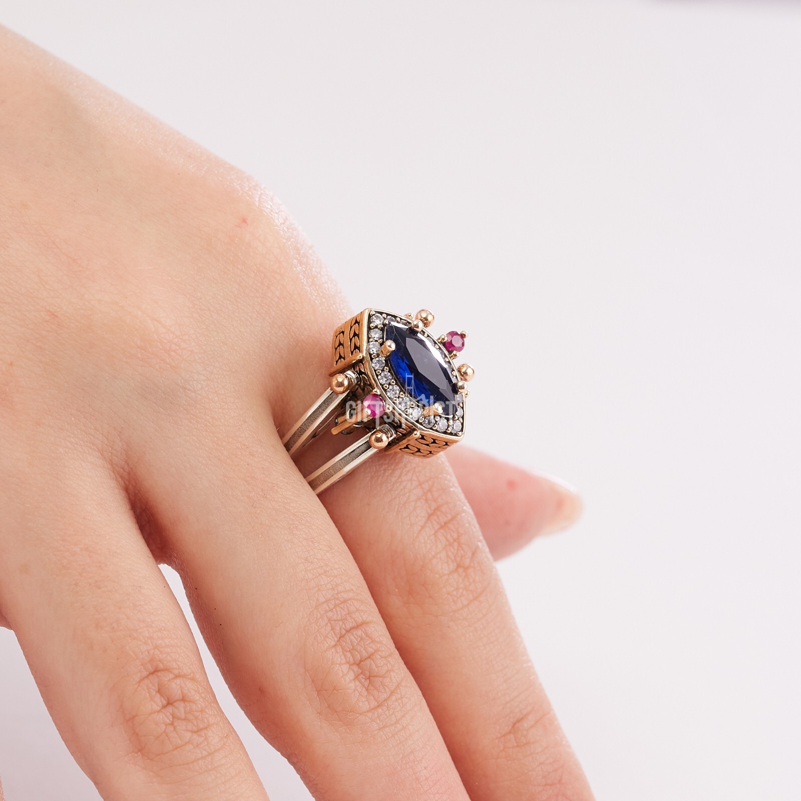 Turkish Reversible Marquise Sapphire Ruby Topaz 925 Sterling Silver Ring Size