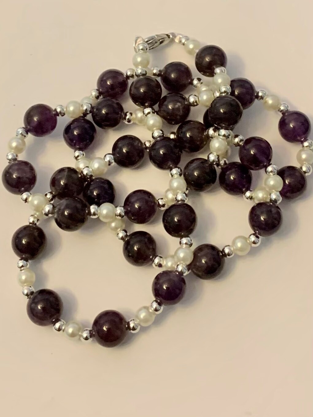 20″ Dark Amethyst and Glass Pearl Necklace