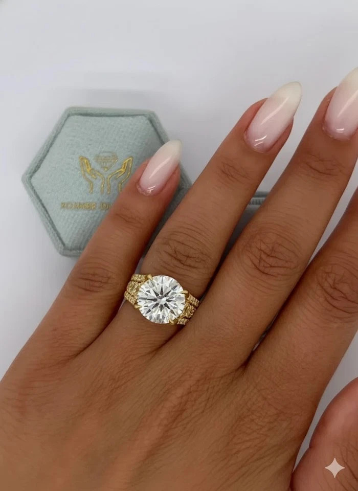 6CT Lab Grown Diamond New Antique Style Gift Round Cut Ring Real 14k Yellow Gold