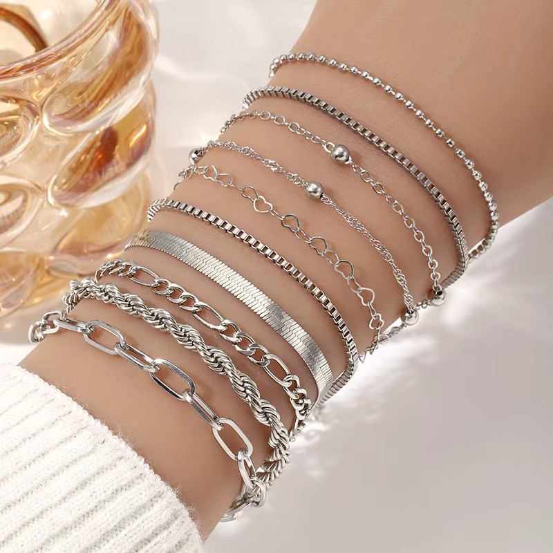 10 Bohemian Bracelet Set Gold Silver Color Stackable Bangles Retro Link Jewelry