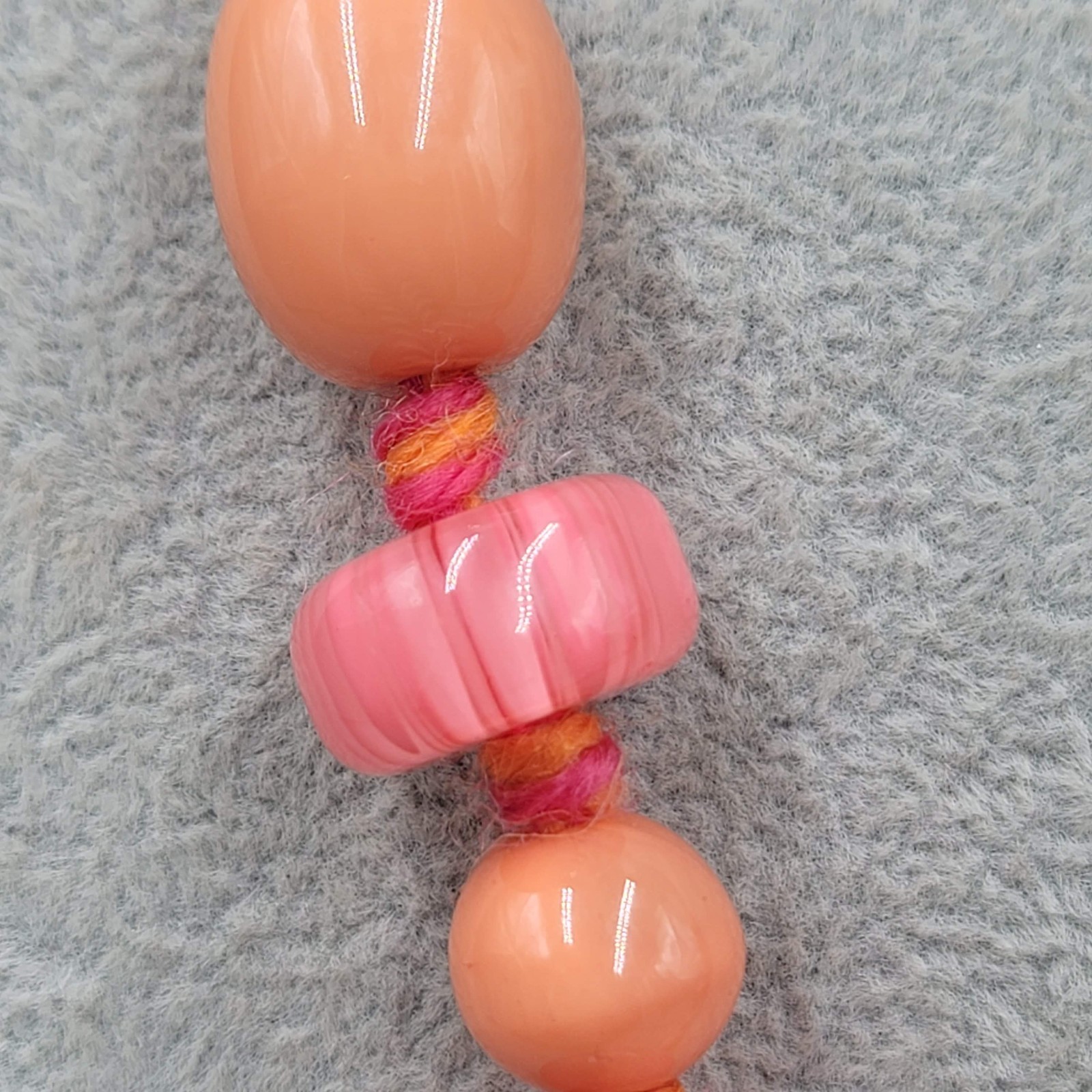 Artisan Peach Pink Cane Glass Bead Necklace Hand Knotted Yarn Cord 24 in