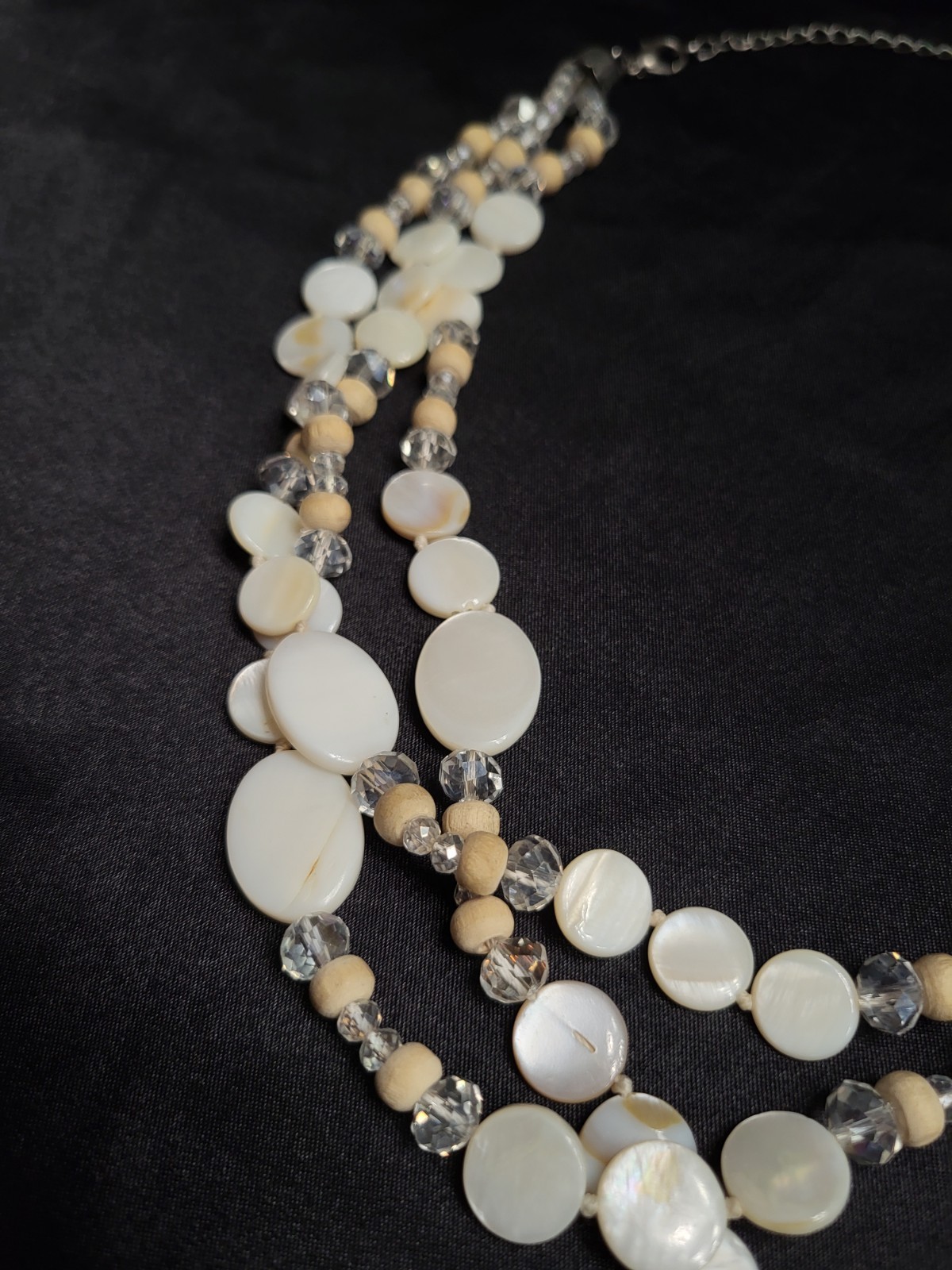 Boho Multi Strand Mother of Pearl Shell Necklace Clear Crystal Wood Bead Layered