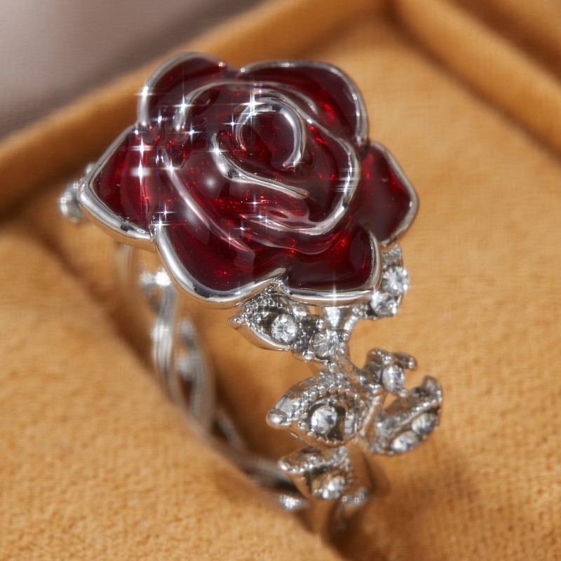 Red Rose Flower Ring Zircon Crystal Floral Statement Jewelry Gift for Women