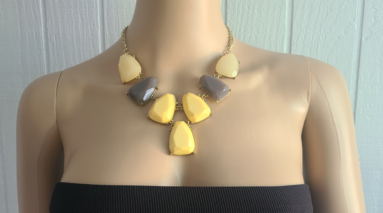 Lot of 2 Necklaces Gold Tone Statement Bib Chain Black Yellow Gray