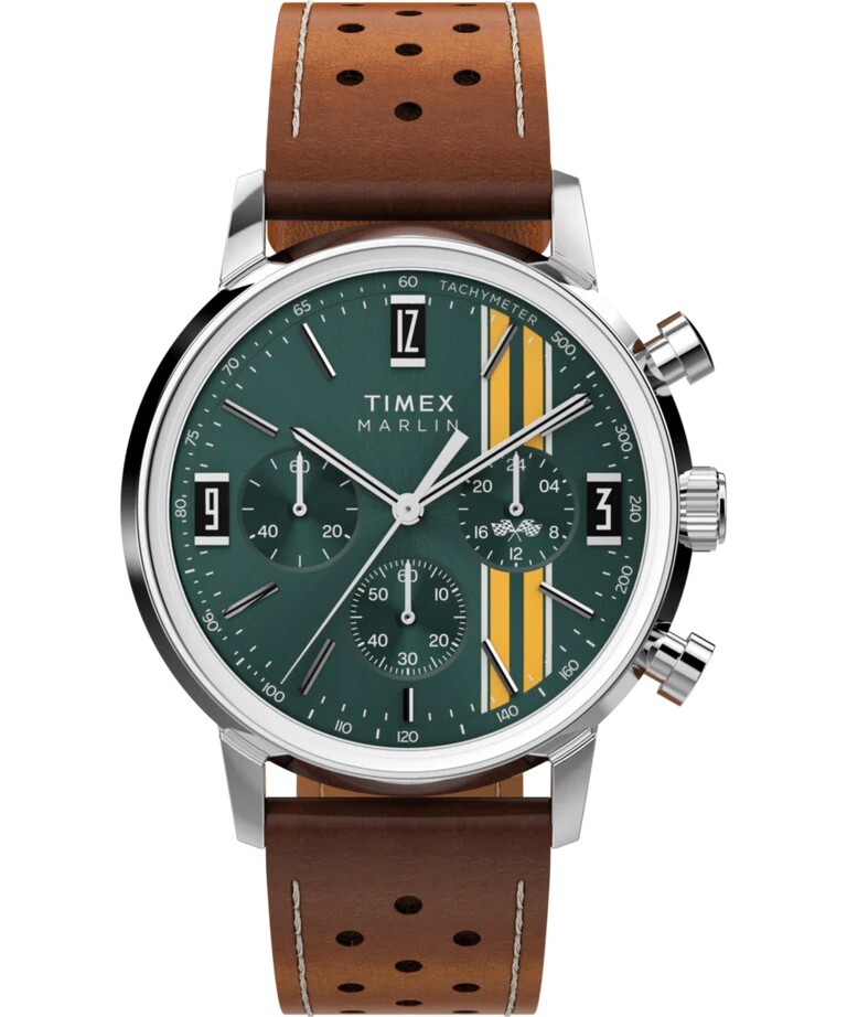 New Timex Marlin Chronograph Tachymeter Racing Leather Strap Watch TW2W99100