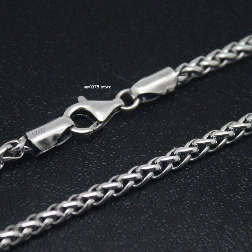 Real S925 Sterling Silver Chain Men Women 4mm Round Wheat Link Necklace 24inchL