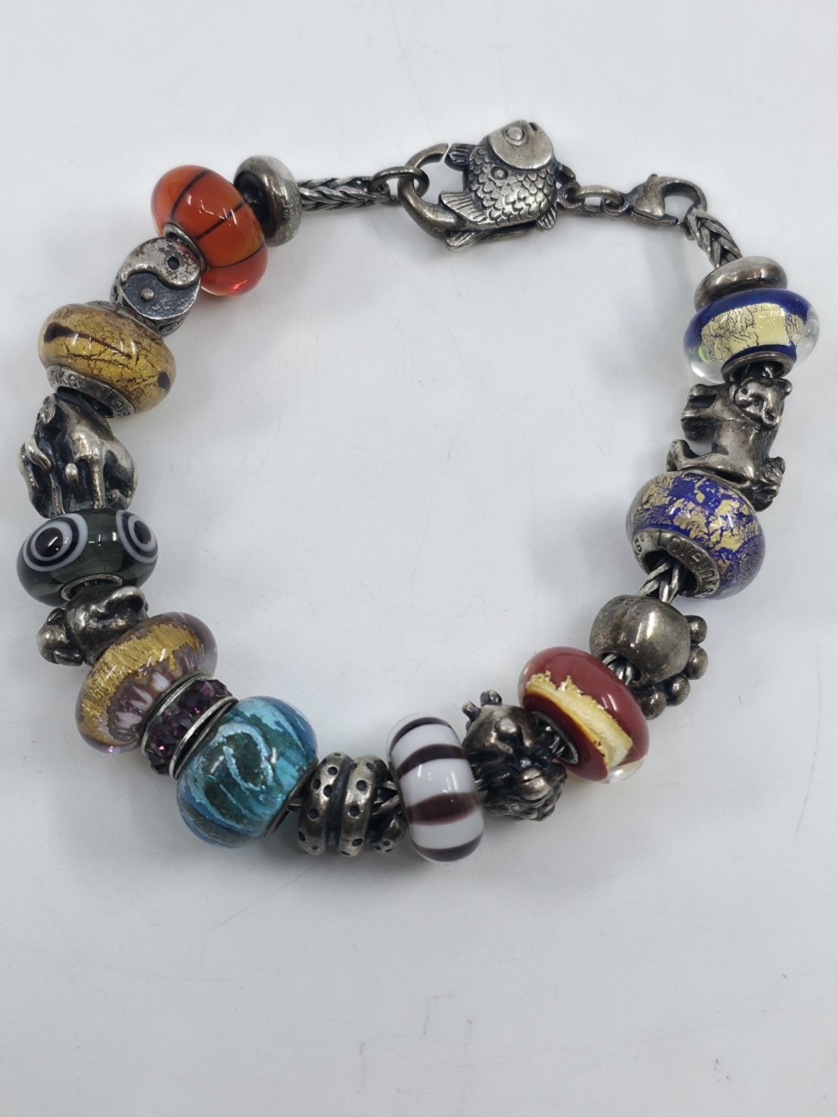 Trollbeads LAA 925S Silver Bracelet Big Fish Lock Yin Yang Blue Desert Beads