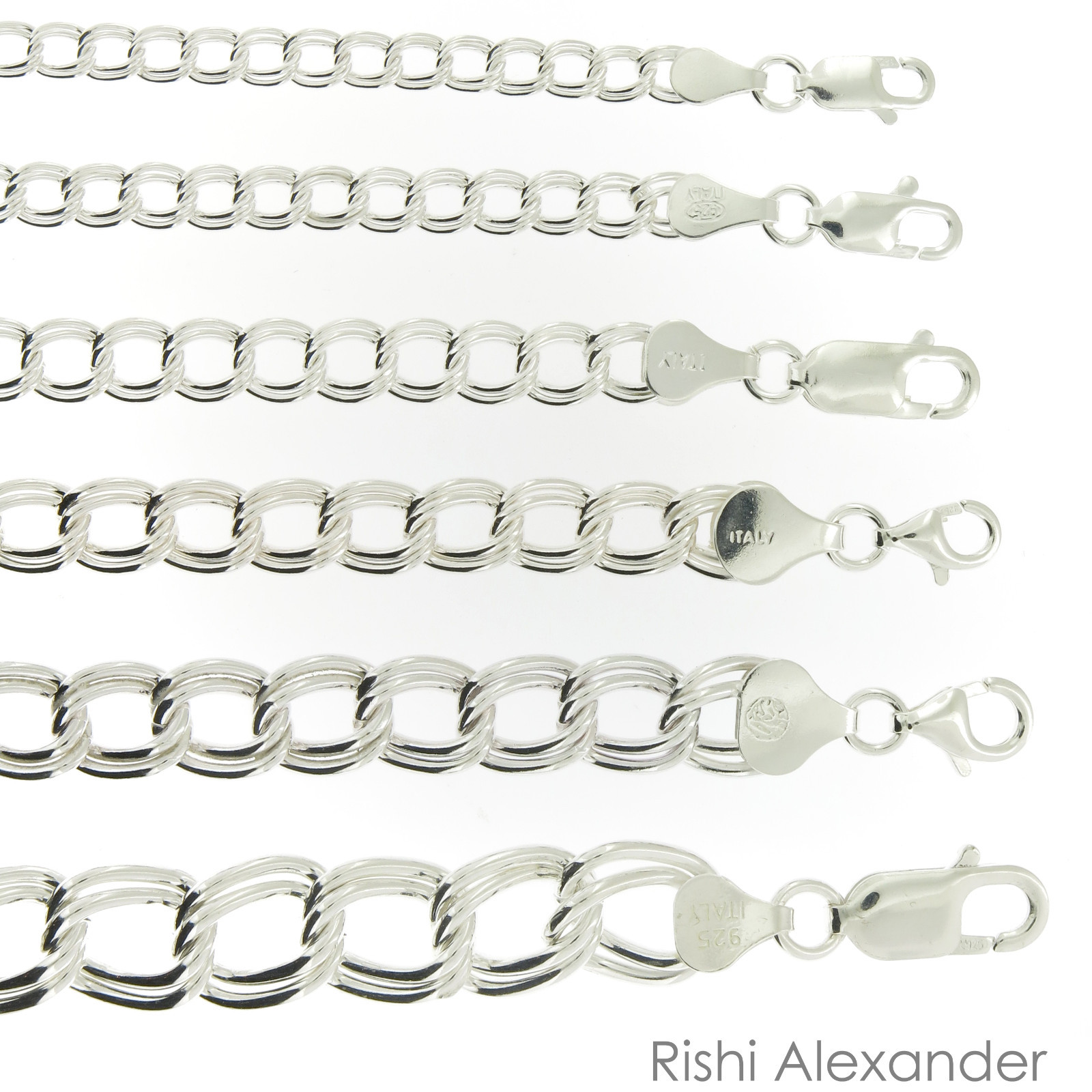 925 Sterling Silver Double Link Parallelo Charm Bracelet and Anklet All Sizes