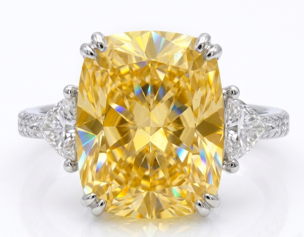 RARE 8.00 Ct Certified Cushion Cut Yellow Natural Diamond Ring White Gold Finish