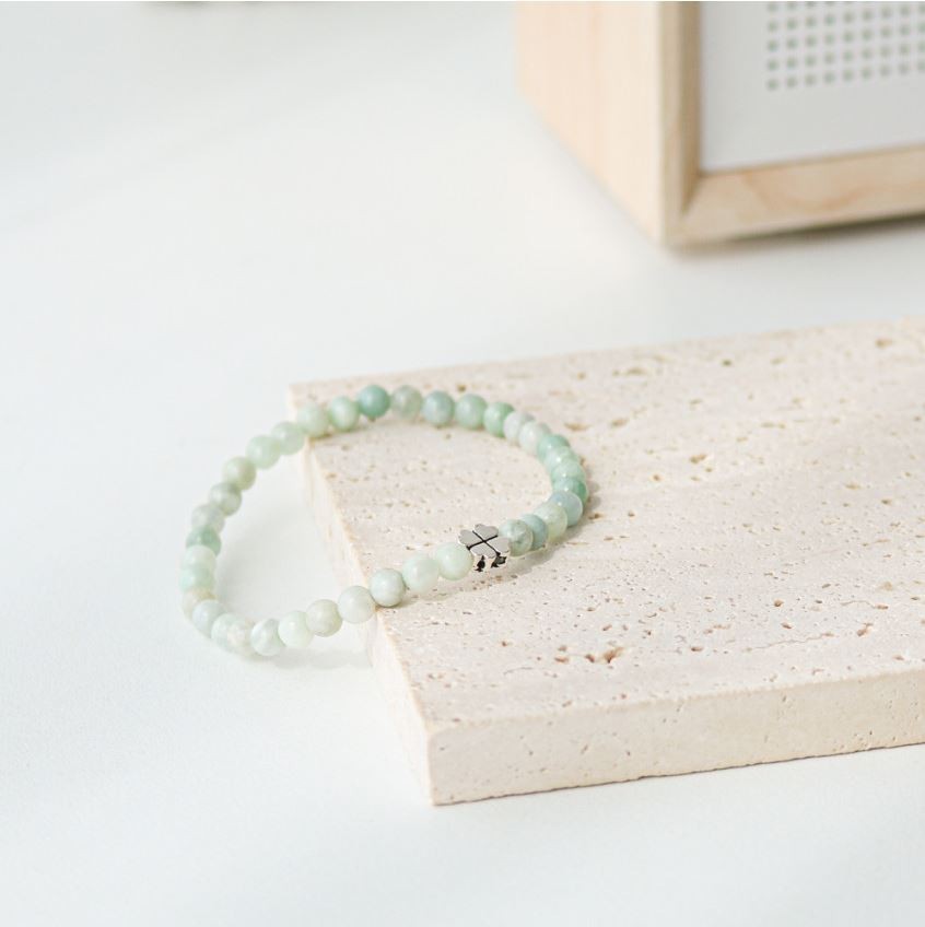 Natural Jadeite Bracelet 4mm 925 Silver Four Leaf Clover Lucky Talisman Beads