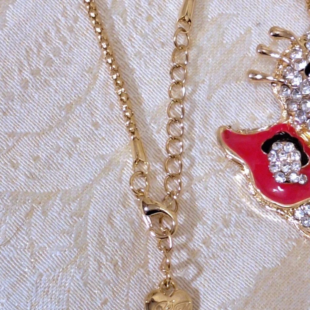 “Hello Kitty” cat pendant necklace Red & black enamel, silver rhinestones