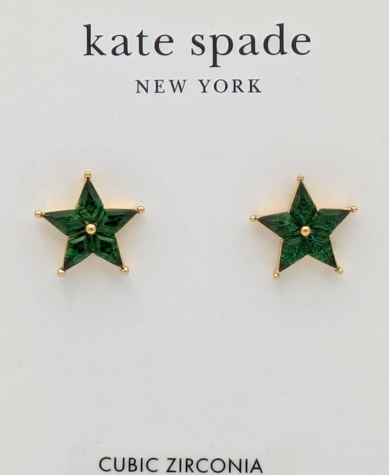 Kate Spade NY COSMOS Star Goldtone & Green Cubic Zirconia Stud Earrings w/DB