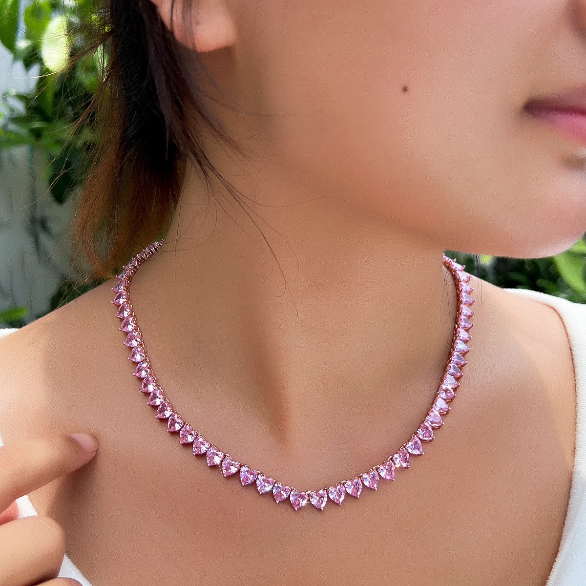 Romantic 585 Rose Gold Pink CZ Love Heart Tennis Choker Necklace for Women Party