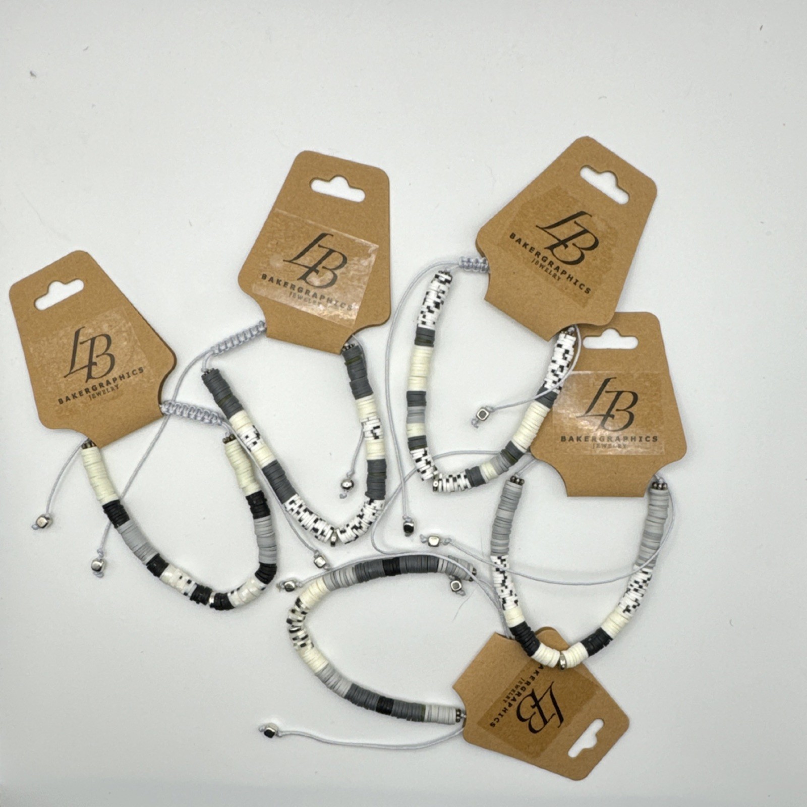 Baker Graphics Jewelry Beaded Adjustable Cord Bracelets Gray White Black