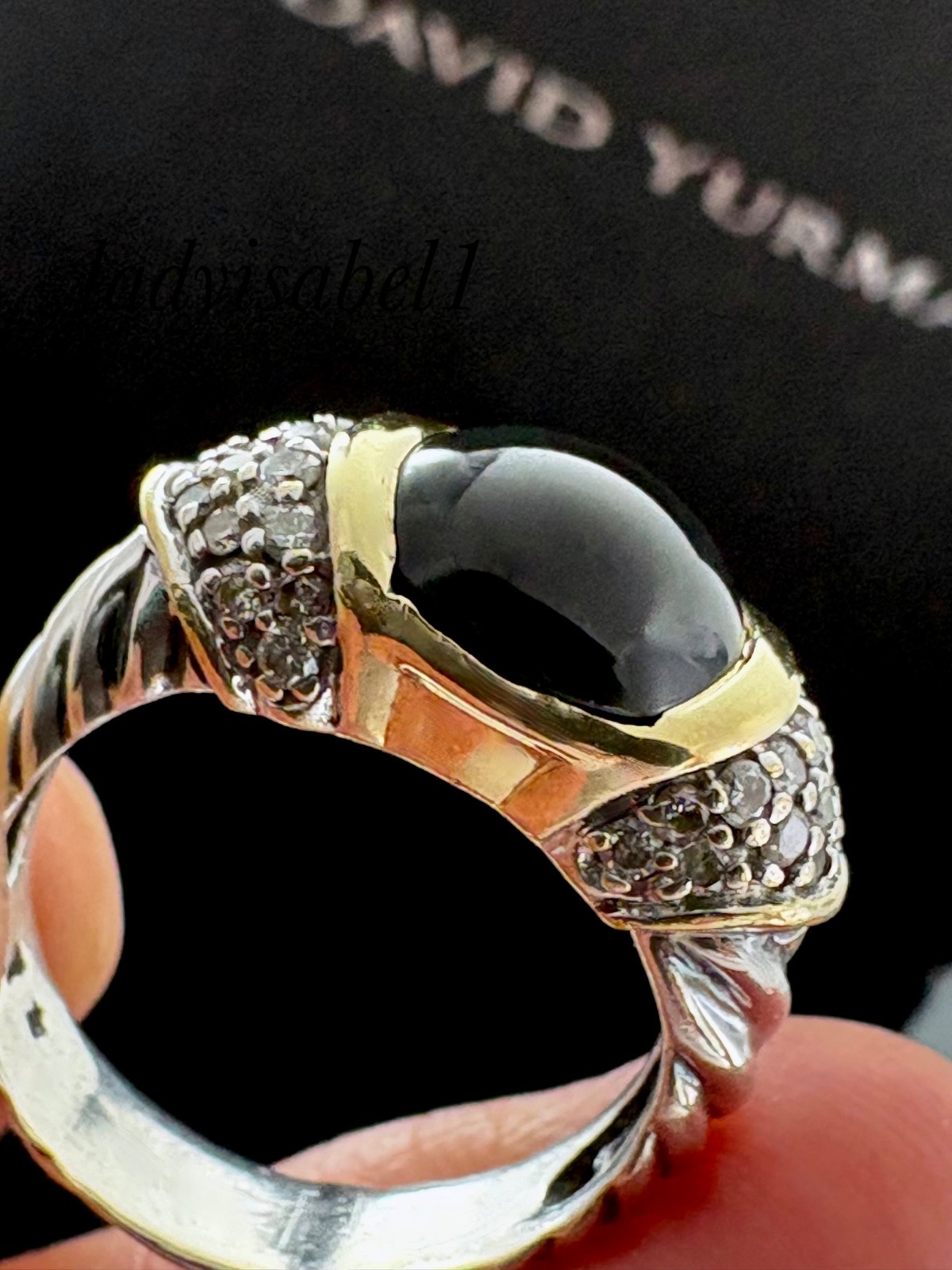 David Yurman 18k Gold Silver Onyx Pave Diamond Cable Ring Size 6.5 w/POUCH