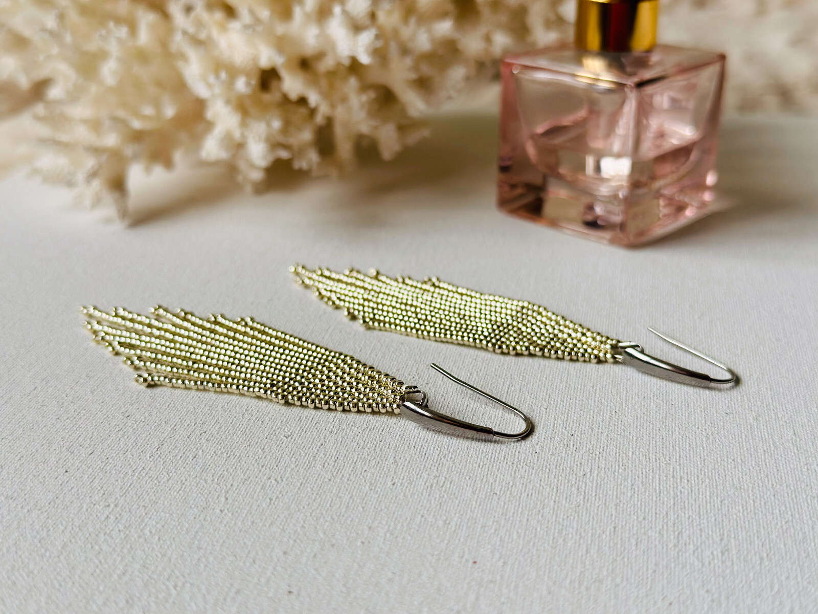 Silver beaded earrings with fringe, Shining long Miyuki seed bead earrings