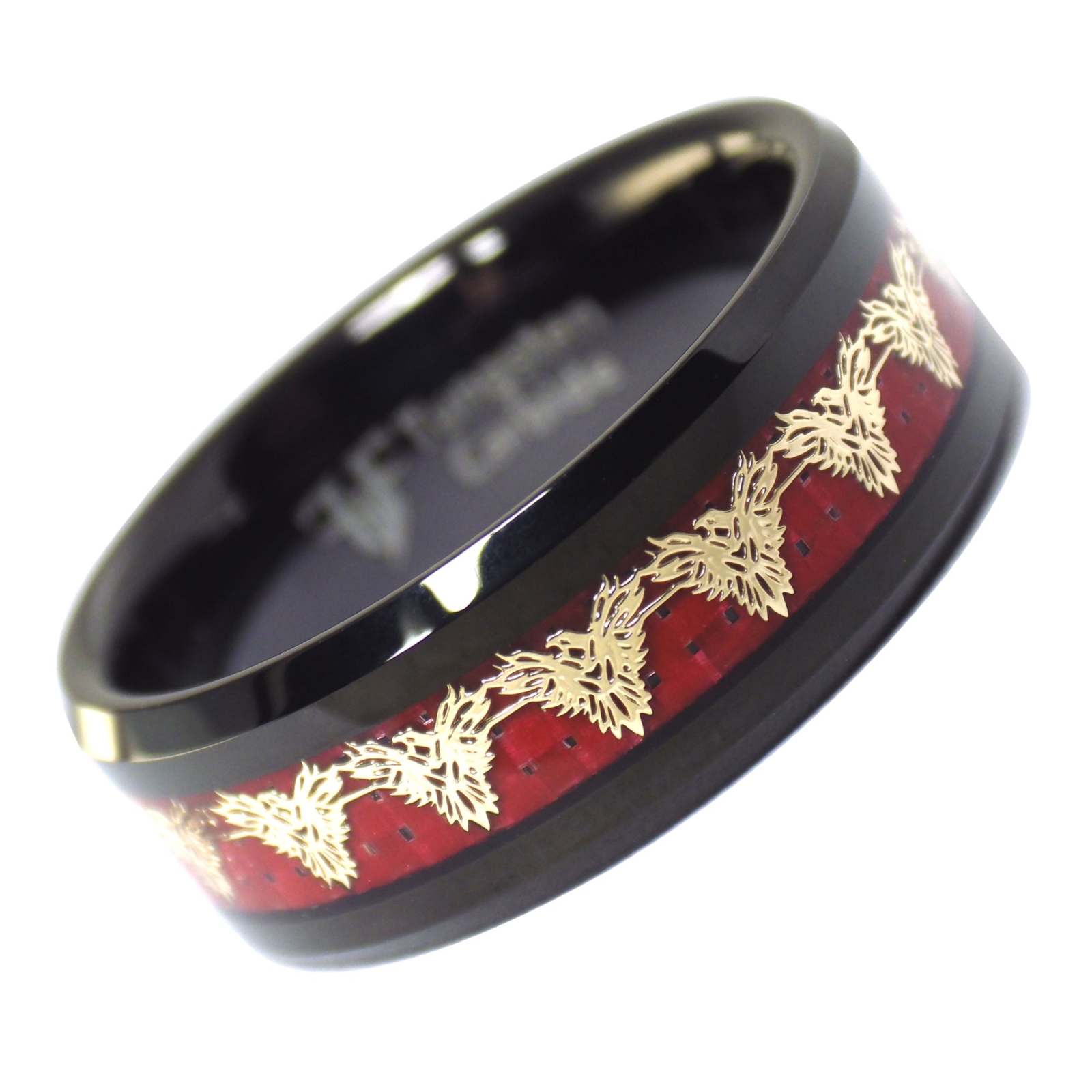 Gold Red Fire Phoenix Black Tungsten Ring 8mm Mens Womens Size 5-17