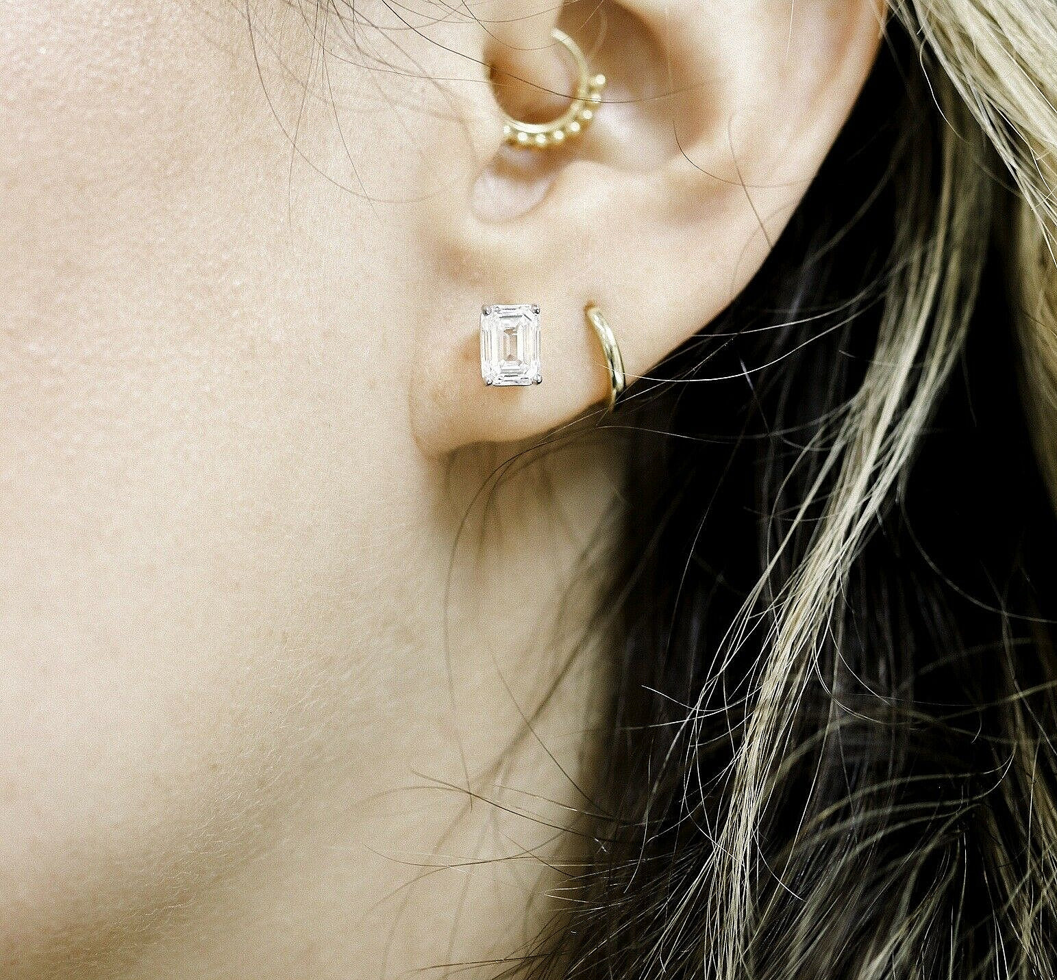 2 Ct Emerald Cut VVS1/D Lab Created Stud Earrings 14k White Gold 7mm Push Back