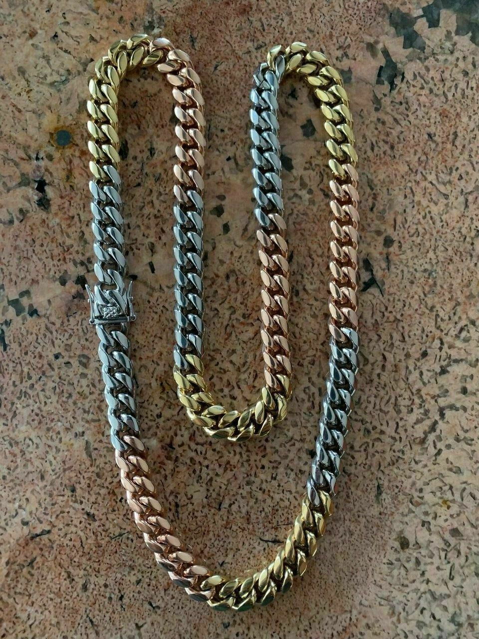 12mm Men’s Miami Cuban Link Chain 3 Tri Color Real Gold Plated Stainless 18-30″