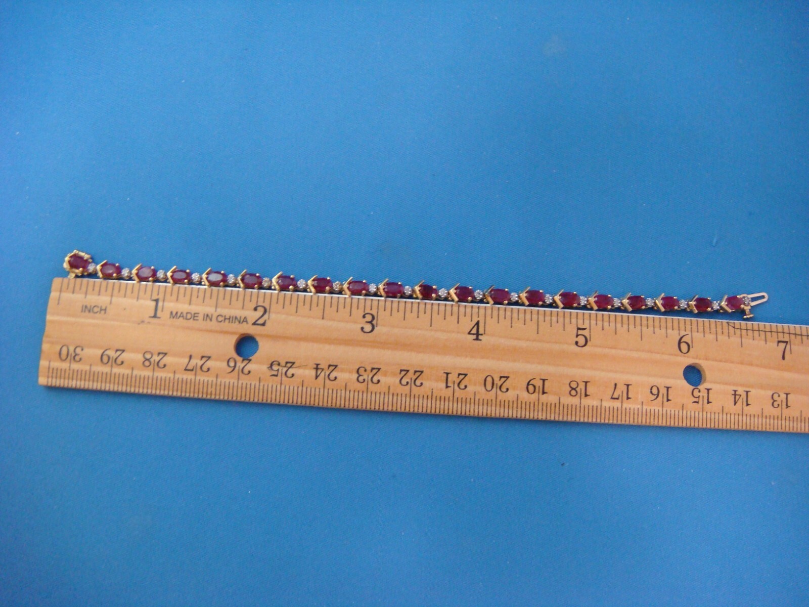14 KT YELLOW GOLD GENUINE RUBY AND DIAMONDS TENNIS BRACELET 8.8 GRAMS 6.5 “
