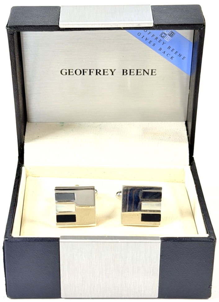 [GEOFFREY BEENE] Men’s Cufflinks Silver, Black & Clear/White Triple Wide Dash