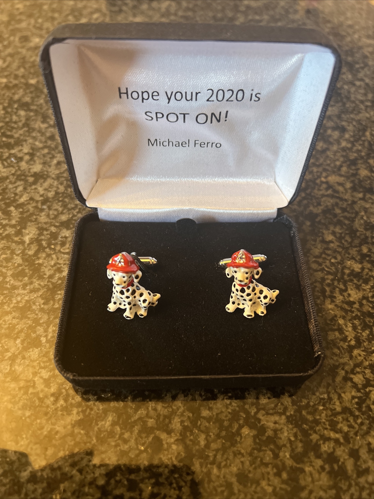 Michael Ferro 2020 Party Gift Box Cuff Links Silver Enamel Fire House Dalmatians