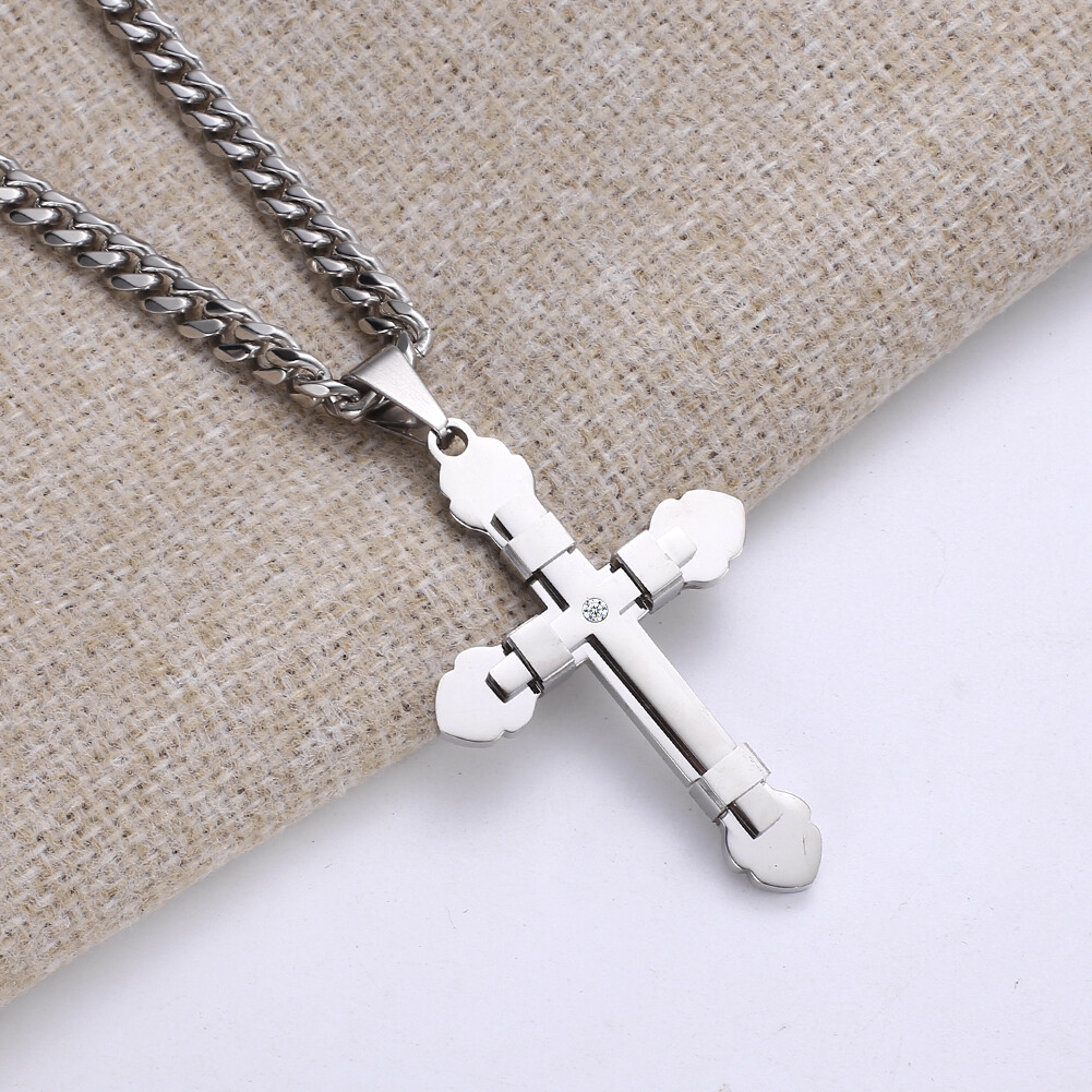 Men Women Stainless Steel Cross Pendant Necklace with CZ 18-34inch 5 Colors